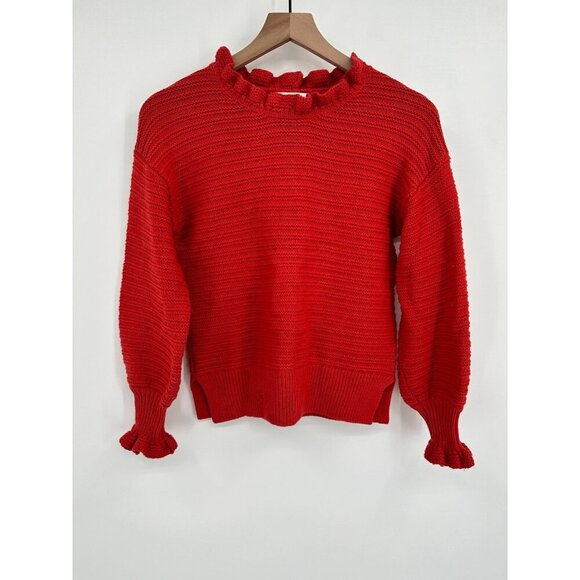 Madewell Sweater Women XS Red Cotton Wool Ruffle-Neck Ribbed AG587 - Picture 1 of 8